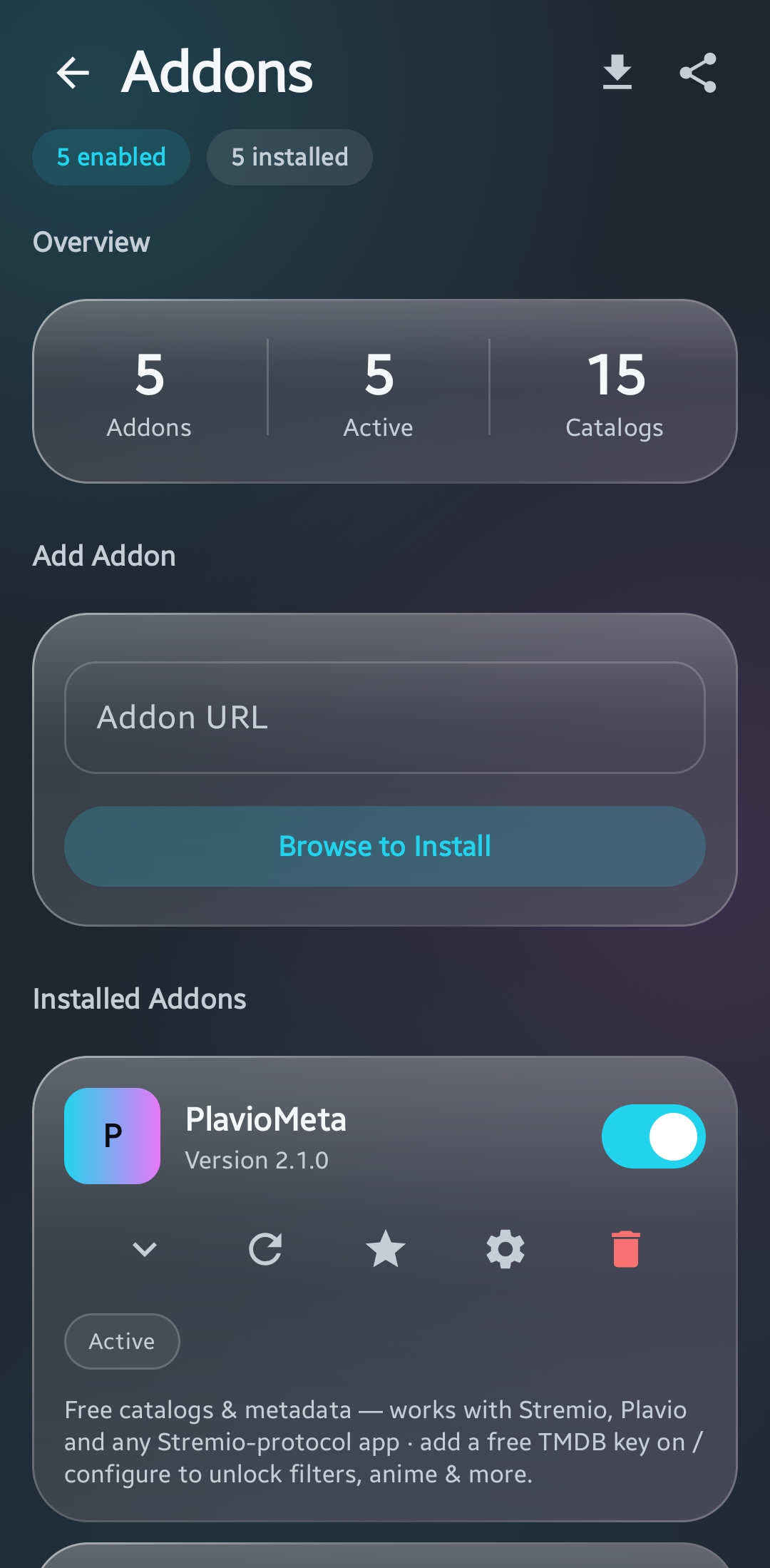 Addons screen showing overview counts, an addon URL field, and an enabled PlavioMeta addon