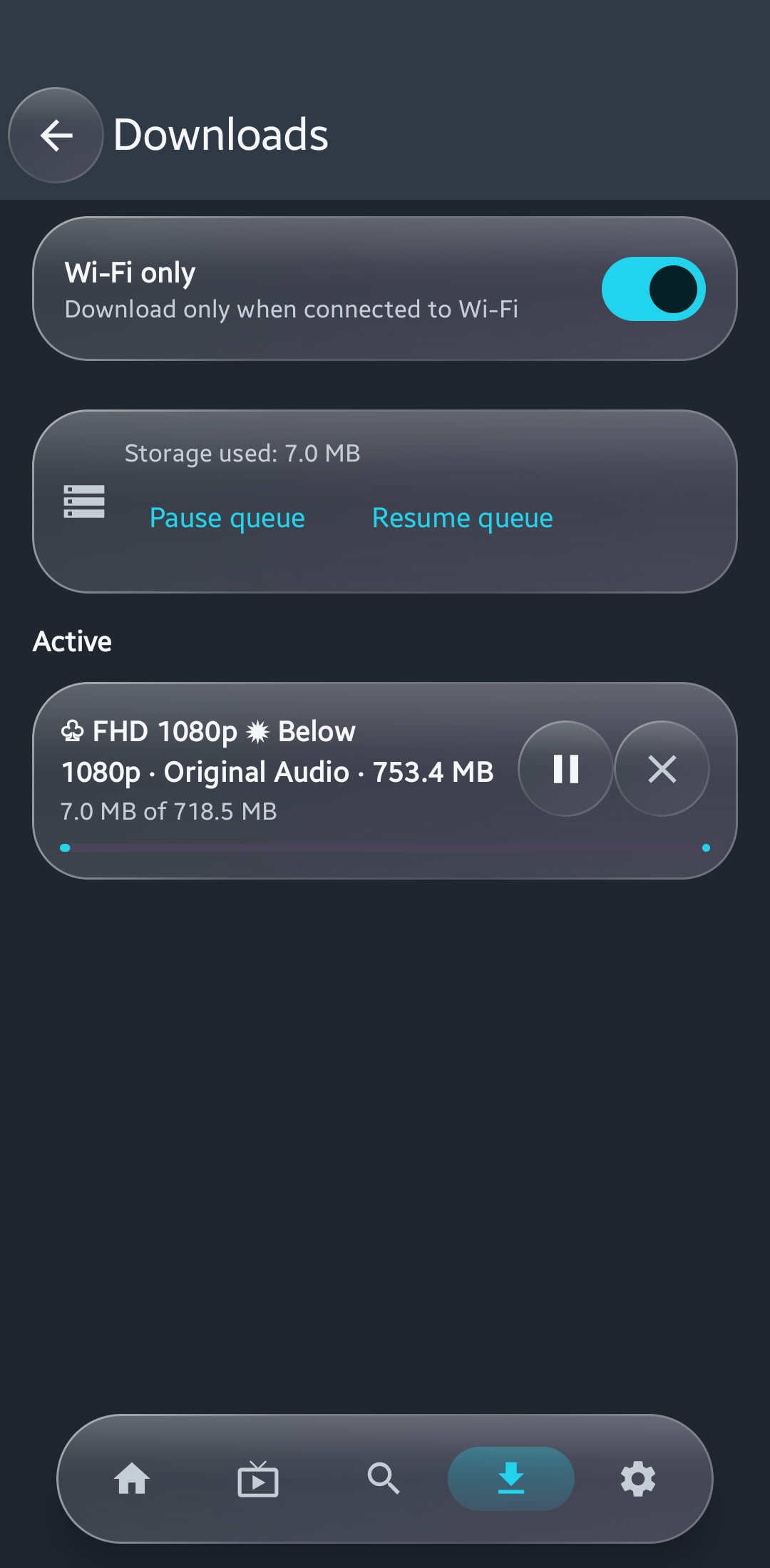 Downloads screen showing Wi-Fi-only preference, storage used, queue controls, and an active download