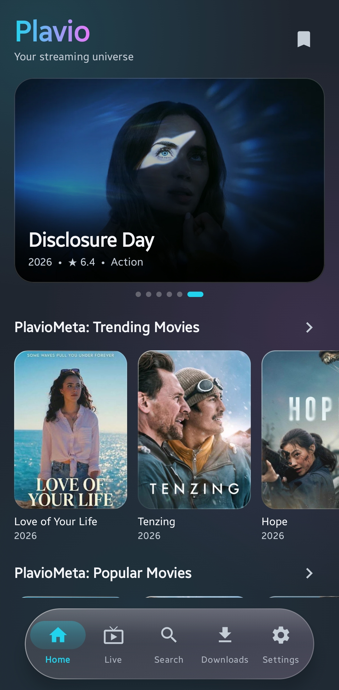 Plavio Home showing a featured title and PlavioMeta movie catalogs