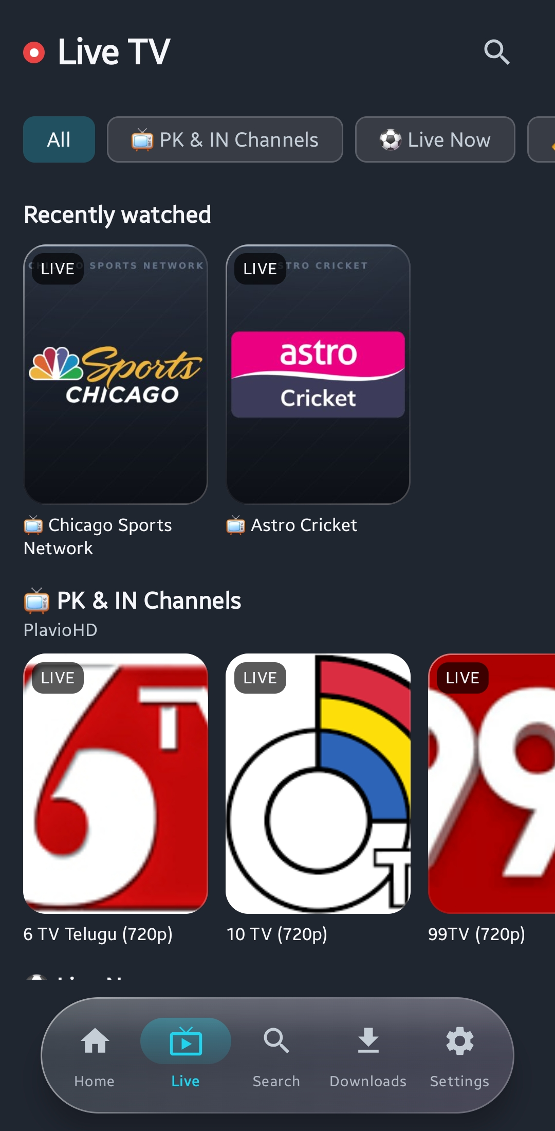 Plavio Live TV showing channel categories and recently watched channels