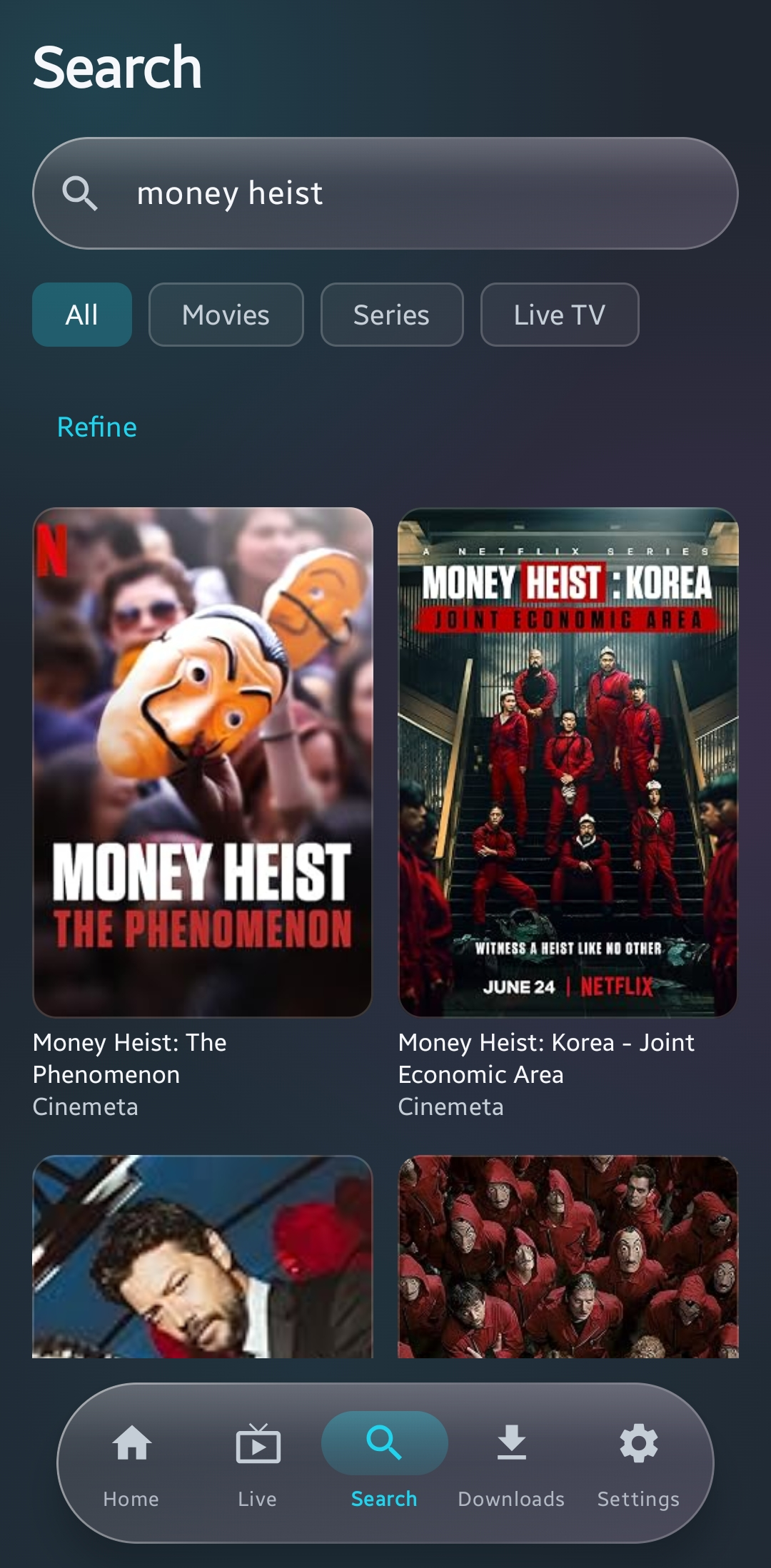 Search results for Money Heist with All, Movies, Series, and Live TV filters