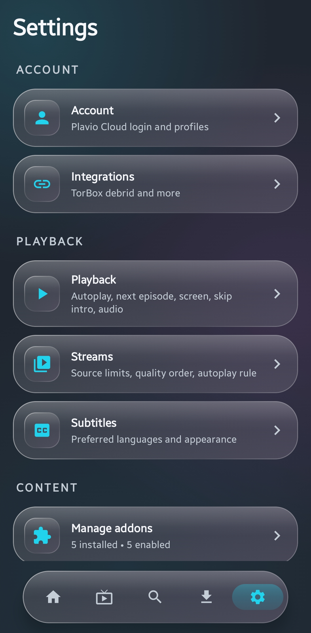 Settings screen showing account, integrations, playback, streams, subtitles, and Manage addons